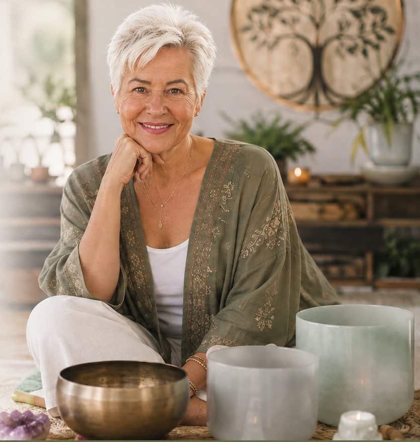 A woman seated calmly on the floor beside crystal and metal singing bowls in a warm, plant-filled studio