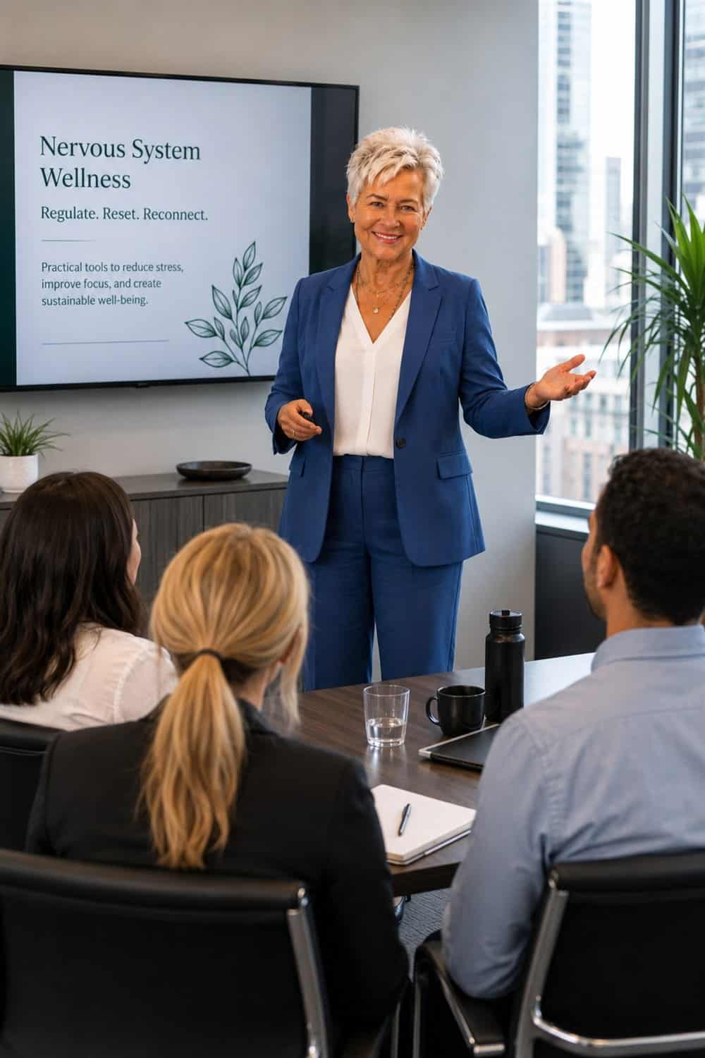 Lorna “Cookie” Carlson presenting Nervous System Wellness to a workplace team in a conference room
